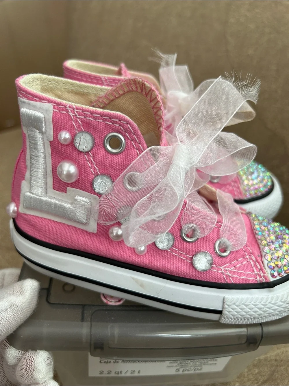 Converse Kids Pink High-Top Sneakers with Rhinestone Toe & Pearl Accents